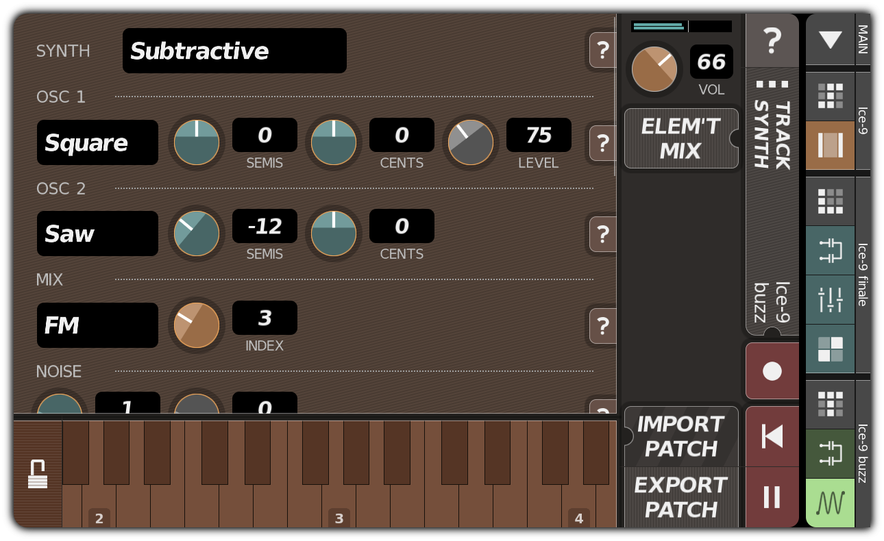 TRACK SYNTH dialog with subtractive synthesizer